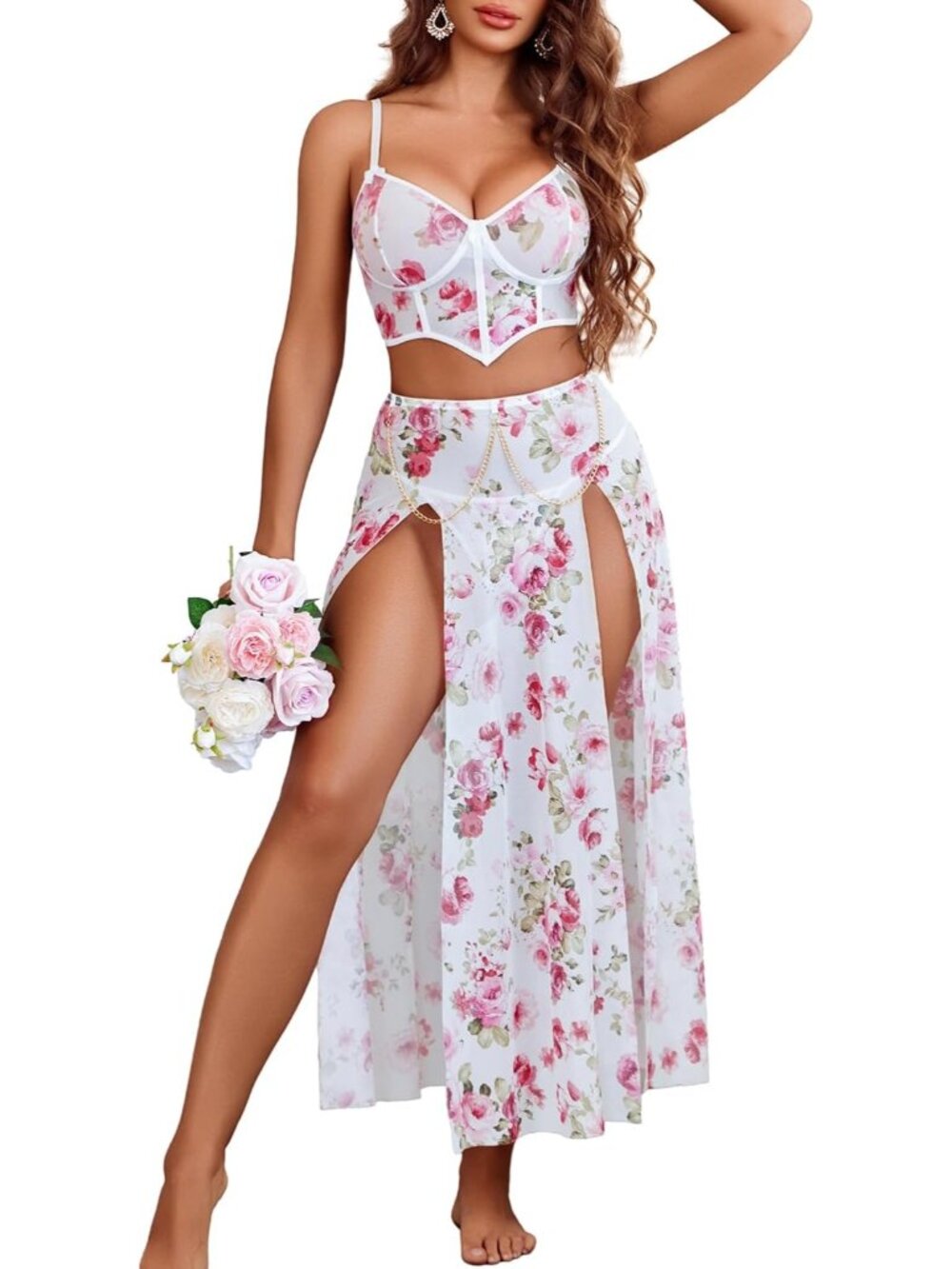Women's White Flower V Neck Long Skirt Two Side Split Lingerie 3 Piece Outfit